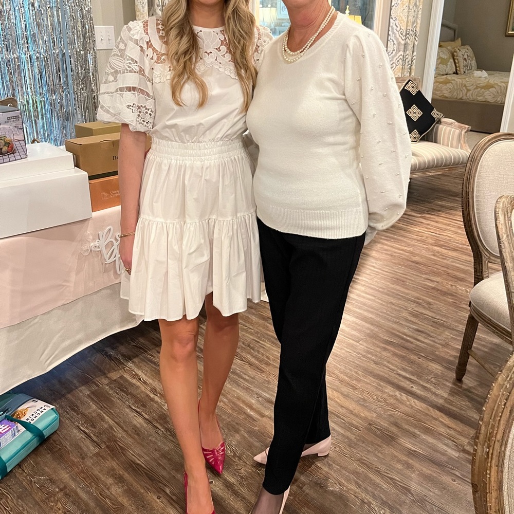 Delfi Collective A-Line Dress White Crochet Trim Short Sleeve with Crew Neck